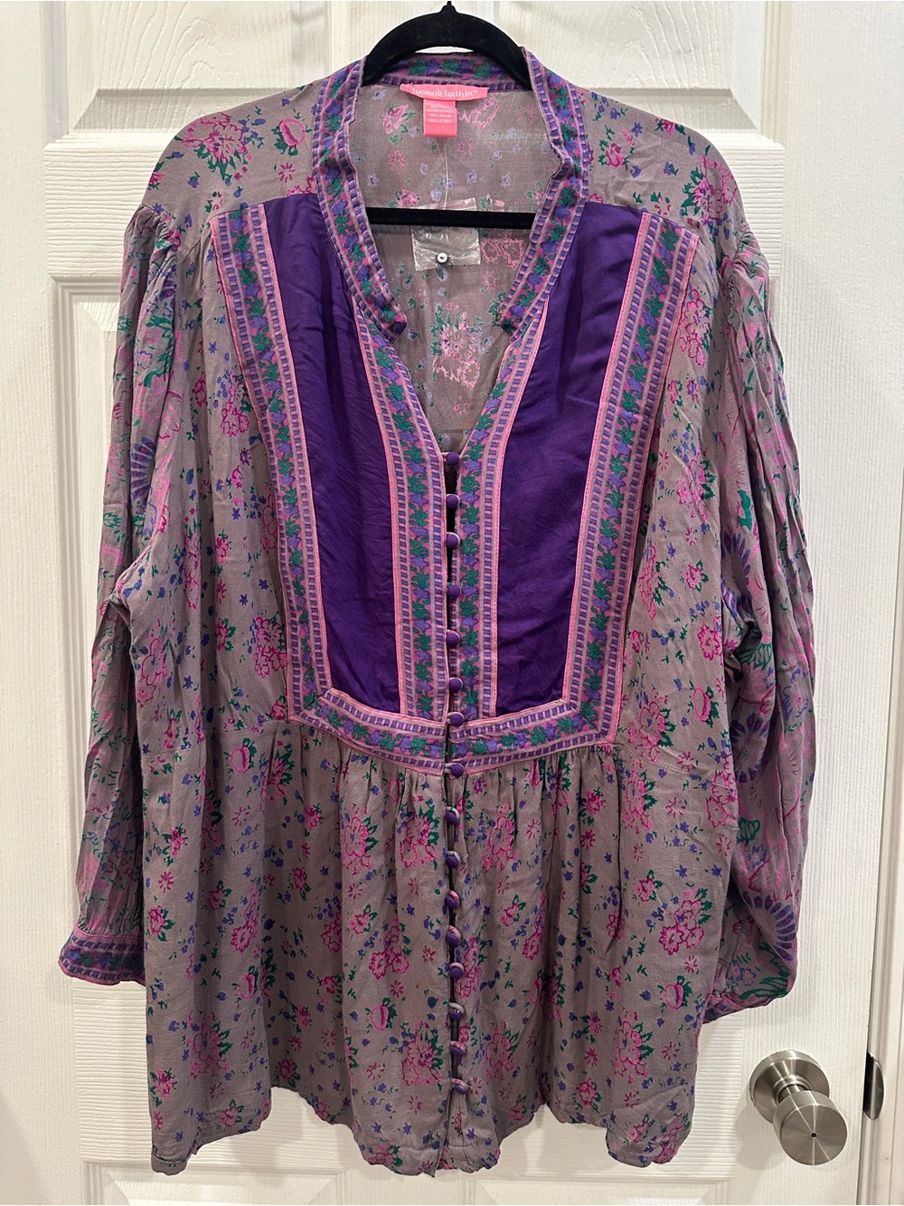 Woman Within Gray Purple Floral Button Front Peasant Blouse long sleeve 3x EUC